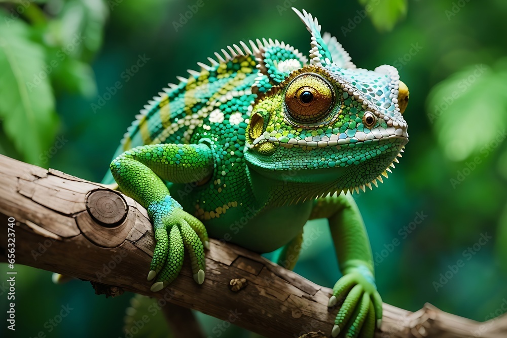 Green chameleon closeup on a branch Animal portrait Green chameleon closeup on a branch Animal portrait