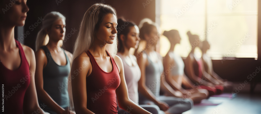 Group of young women practicing yoga in the gym. Selective focus. - obrazy, fototapety, plakaty 