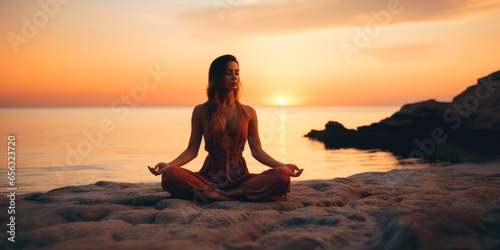 Silhouette of a woman practicing yoga or meditating on the beach at sunrise. Yoga concept