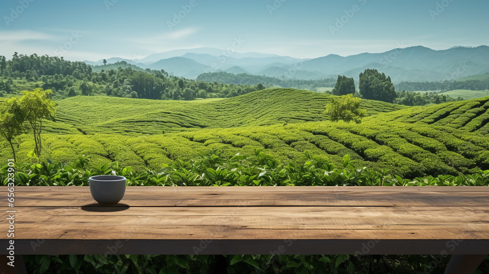 Empty wooden table top board with tea coffee mug and tea plantation rays on the background. Organic green agriculture hills copy space banner - obrazy, fototapety, plakaty 