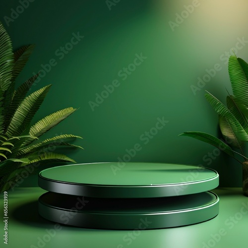 Abstract minimal scene with geometrical form. Cylinder podium on green background. Abstract background. Scene to show cosmetic podructs. Showcase, display case. 3d render. Made with generative ai. 