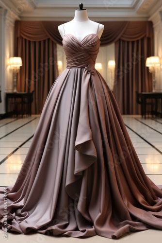 A shiny deep beige mauve grey silk ball gown with full ball gown skirt and fitted silk bodice with elegant shoulder.