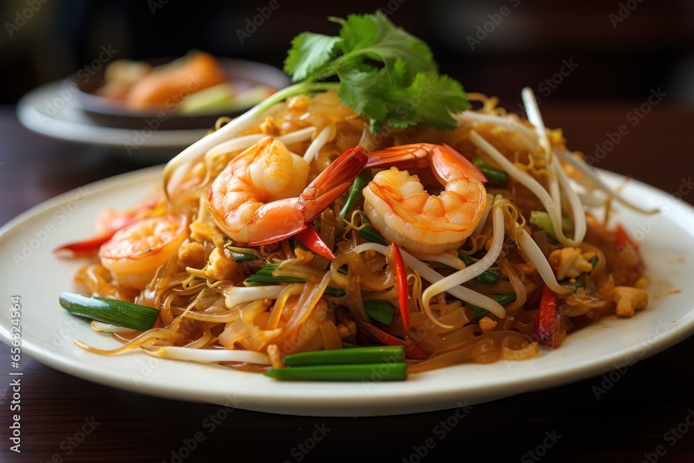 Thai cuisine Stir fried noodles with shrimp in pad thai. Generative AI. Thai cuisine Stir fried noodles with shrimp in pad thai. Generative AI.