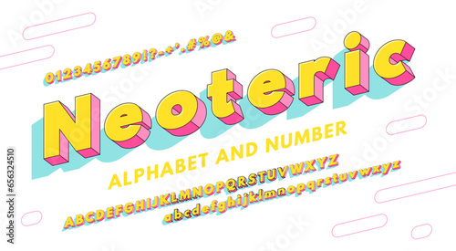 Bright neoteric 3D sans serif alphabet. Colorful Retro font 90's, 80's with letters, symbols and numbers. Vector Illustration. photo