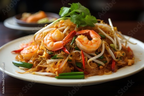 Thai cuisine Stir fried noodles with shrimp in pad thai. Generative AI.