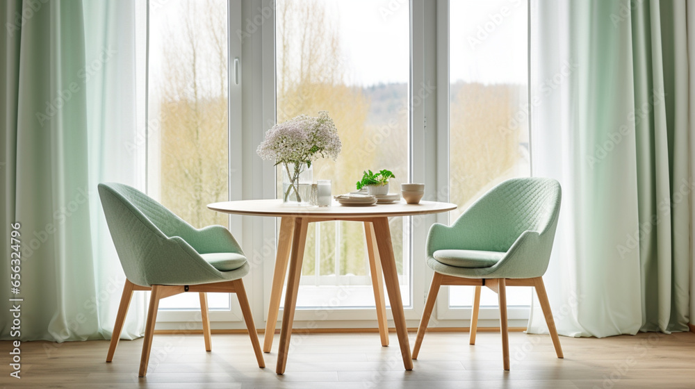Two mint color chairs at round wooden dining table against window dressed with light green and white curtains. Scandinavian interior design of modern dining room Two mint color chairs at round wooden dining table against window dressed with light green and white curtains. Scandinavian interior design of modern dining room