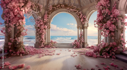 Foto View of the sea from the castle archway decorated with pink flowers