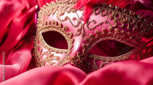 Beautiful carnival mask on pink fabric, generative AI.