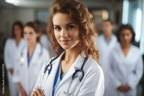 Attractive female doctor standing on front of medical group at hospital corridor.