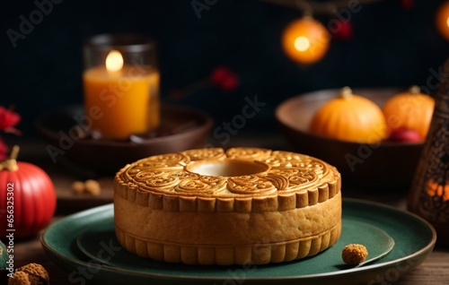 Mooncake on table with tea cups on wooden background and full moon, Mid-Autumn Festival concept.
