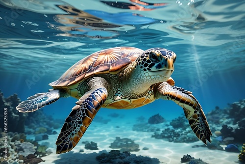 Photorealistic image of a sea turtle gracefully swimming hawksbill