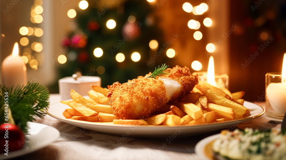 Fish and chips for winter holiday dinner, traditional British cuisine recipe in English country home, holidays celebration and homemade food - obrazy, fototapety, plakaty 
