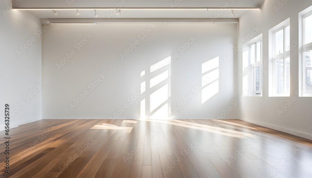 Fototapeta premium A large, empty room with a wooden floor, white walls, and large windows that let in bright natural light.