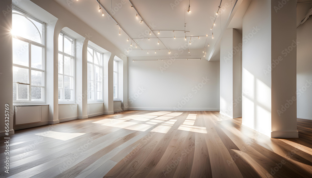Obraz premium A large, empty room with a wooden floor, white walls, and large windows that let in bright natural light.