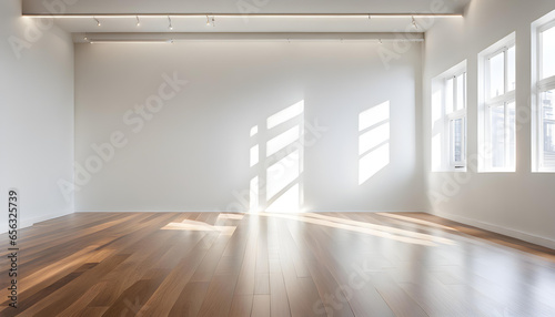 A large, empty room with a wooden floor, white walls, and large windows that let in bright natural light.