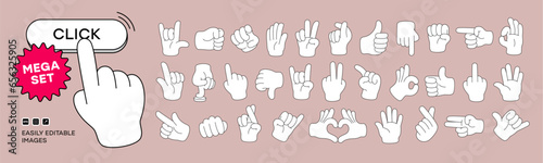 Mega set of Cartoon comic hands gestures with different signs and symbols. Gesturing human arms in doodle style. Hands poses. Vector illustration