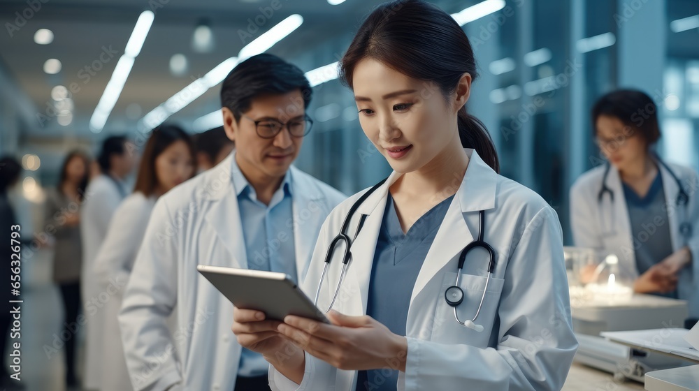 Doctor Asian female using digital tablet for medical planning and data research at hospital. Doctor Asian female using digital tablet for medical planning and data research at hospital.
