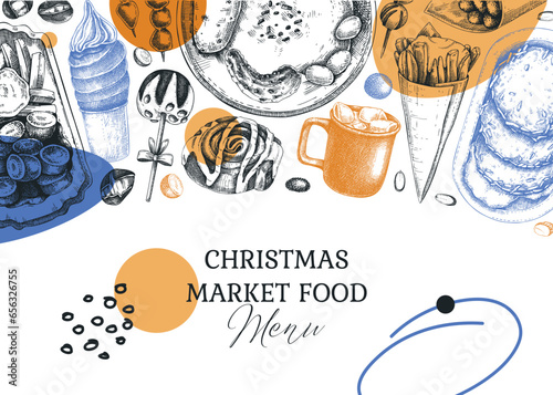 Collage style Christmas background. Traditional European Christmas market food design. Fast food menu. Vintage hand-drawn vector illustration. Mulled wine, raclette, grilled sausages, pastries sketch