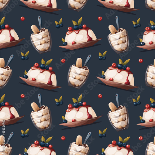 Seamless pattern with Panna cotta, Italian cake with berries and tiramisu in a glass cup. Italian dessert, sweet food, bakery, cooking, recipes, restaurant menu concept. Vector illustration.