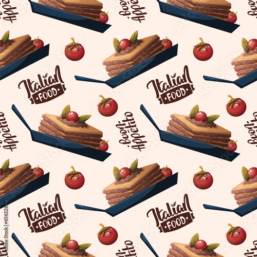 Seamless pattern with Italian lasagna on the pan. Italian food, healthy eating, cooking, recipes, restaurant menu concept. Vector illustration.