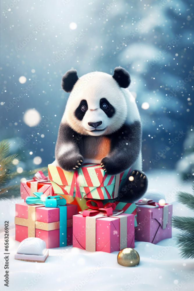 Panda bear with gift box on blurred winter background. Portrait of a cute Christmas panda sitting under snowfall. Copy space. . Panda bear with gift box on blurred winter background. Portrait of a cute Christmas panda sitting under snowfall. Copy space. .