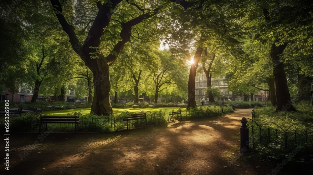 Naklejka premium Tranquil Pathways through Nature: Exploring the Beauty of Sunlit Forests, Colorful Alleys, and Serene Countryside, generative AI