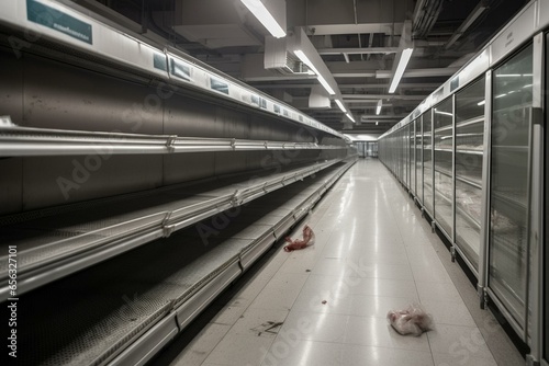 An unoccupied aisle in a grocery store lined with cooling units. Generative AI