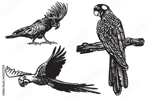 Graphical set of  parrots isolated on white,vector element of bird.Ink pen parrots,ornithology