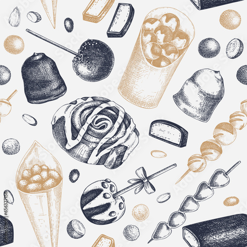 Christmas market food background. Fast food seamless pattern. Hand-drawn vector illustration. Desserts, pastries, sweets, marzipan, mallow puffs, marshmallow, confectionary sketches.
