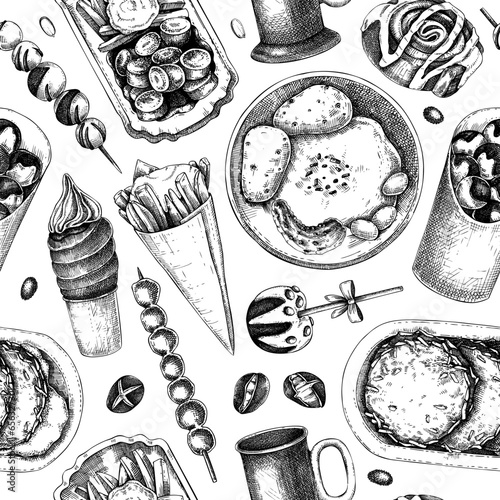 Christmas market food background. Fast food seamless pattern. Vintage hand-drawn vector illustration. Bakery, pastry, sweets, grilled meat, hot drinks sketches.