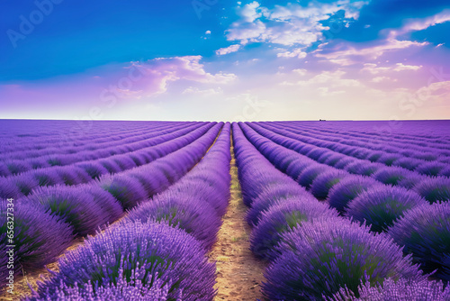 Nature lighting of stunning lavender field in background of beautiful sky and landscape. Superb view concept of flowers and plants.