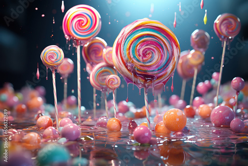 Splash of colorful lollipops with a bunch of drops, flowing candies, Ai Generative.. photo