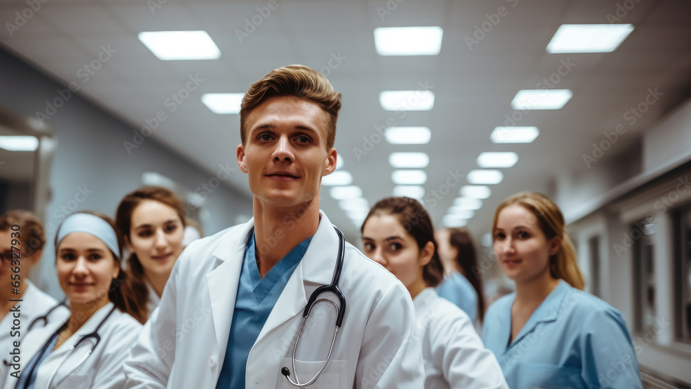 Group of medical students taking a selfie in class at hospital.