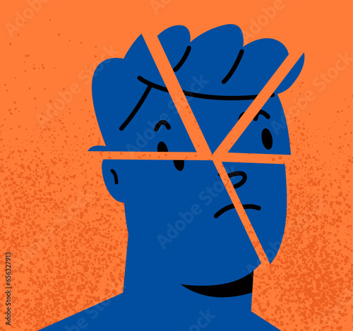 A man face split into several parts. Abstract image of trauma. Colorful vector illustration