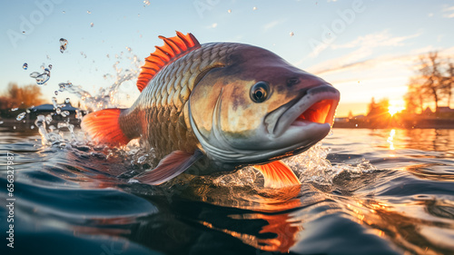 A Carp fish jumps from river water. Fishing background.  