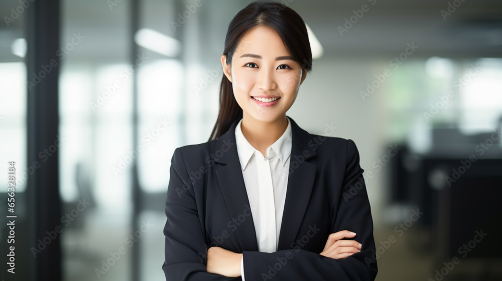 Portrait of young asian smiling businesswoman in office looking at camera with arms crossed.
Portrait of young asian smiling businesswoman in office looking at camera with arms crossed.