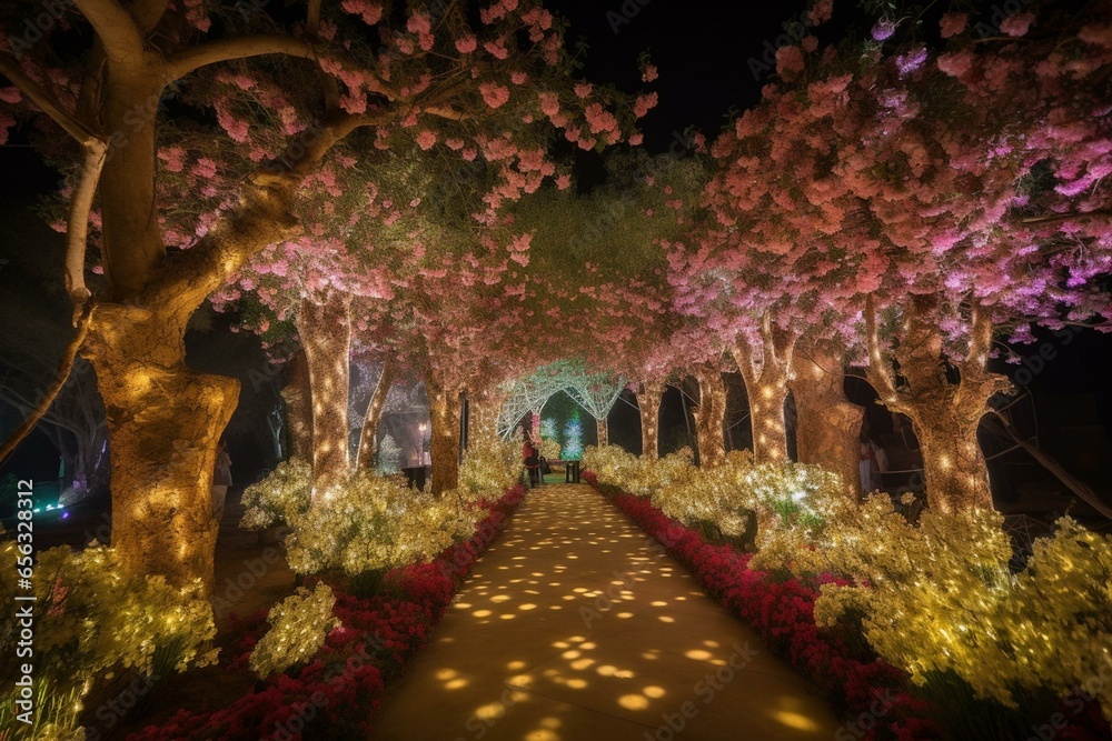 Enchanting blossom paradise filled with magical lights and captivating blooms. Generative AI