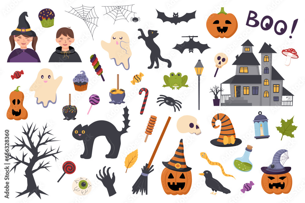 Naklejka premium Set of Halloween objects. Halloween collection of elements. 