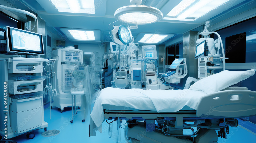 In advanced operating room with lots of equipment, Surgical specialists.