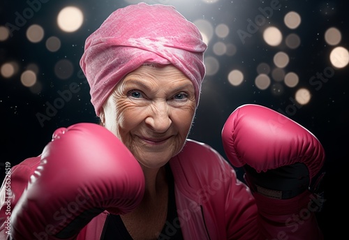 Beautiful old lady with pink gloves fighting cancer