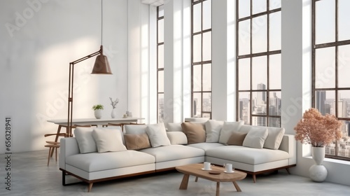 Luxury spacious living room with a comfortable white couch.