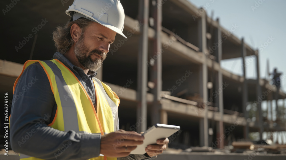 A building contractor using a digital tablet while working on a construction site. A building contractor using a digital tablet while working on a construction site.