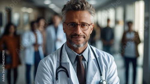 Male doctor smiling and standing in a hospital corridor with a diverse group of staff in the background.