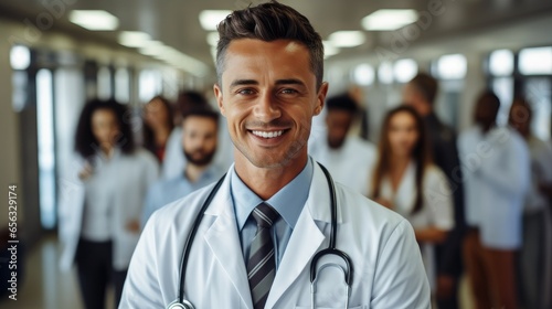 Male doctor smiling and standing in a hospital corridor with a diverse group of staff in the background.