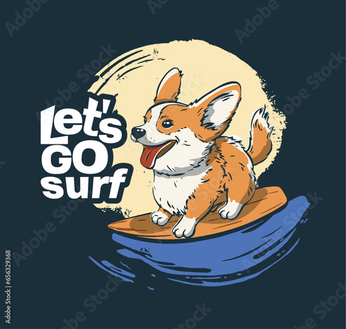 Corgi moon surfer cool summer t-shirt print. Dog midnight ride surfboard on big wave.