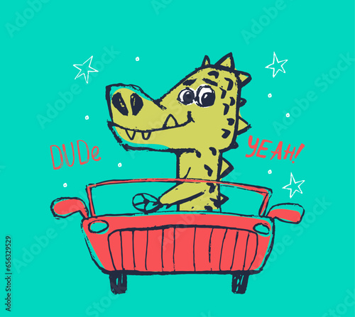 Crocodile on car funny cool summer t-shirt print design. Road trip on cabriolet automobile. Slogan. Drive vacation