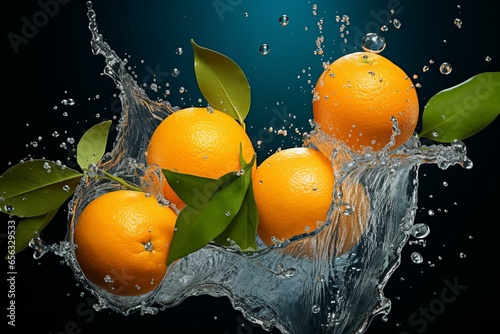 Oranges with water splash background, simulated. Generative AI