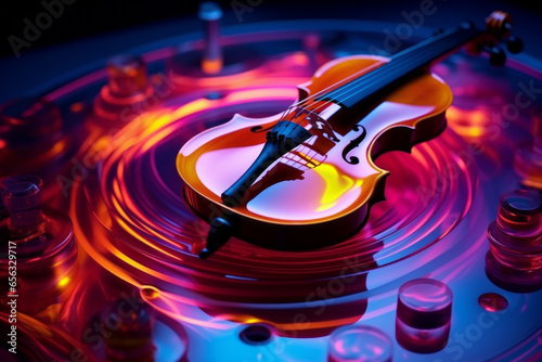 Colorful composition with violin. The concept of cymatics, visible sounds and vibrations, presented as patterns formed by sound waves.