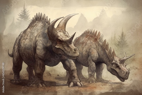 Description of an image depicting triceratops and tyrannosaurus rex dinosaurs from the Jurassic era. Generative AI