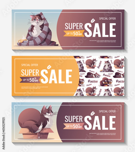 Set of banners with funny cats. Pet, kitty, domestic life, animal concept. Vector illustration for poster, banner, flyer, sale.